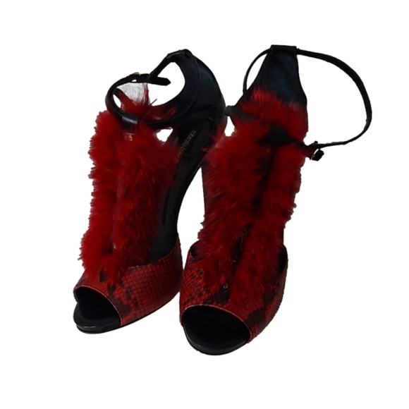 ROBERTO CAVALLI FIRE FLAME LEATHER FUR SANDAL SIZE 41/11 US - Picture 2 of 9